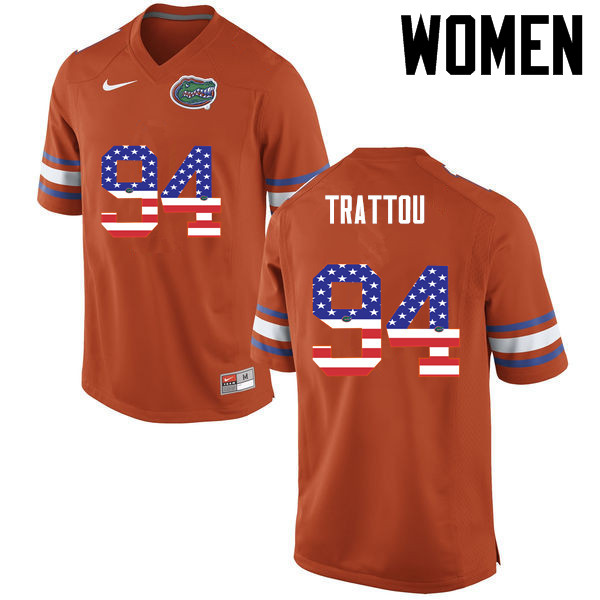 Women Florida Gators #94 Justin Trattou College Football USA Flag Fashion Jerseys-Orange - Click Image to Close